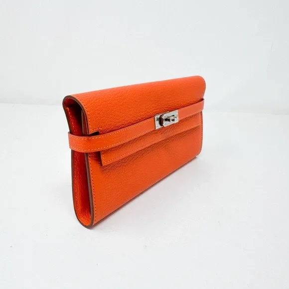 Hermes PHW Chevre Orange Poppy Kelly Longue Wallet - Picture 3 of 10